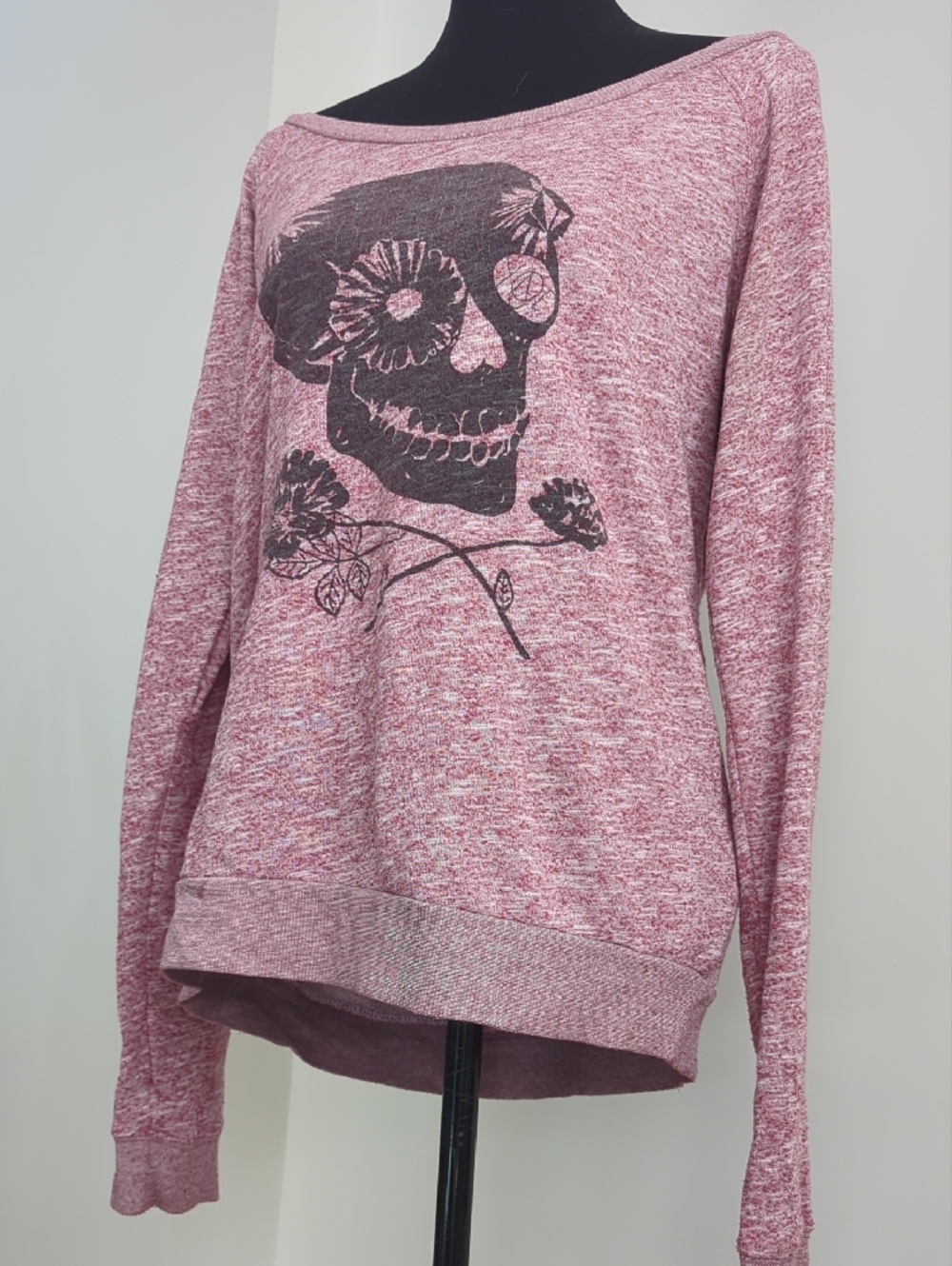 Volcom Vintage Pink Heathered Skull Floral Graphic Off Shoulder Sweatshirt LARGE